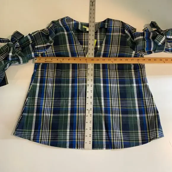 Gianni Bini Top Womens XS Extra Small Blue Tartan Plaid Serena Tie Bell Sleeves - Picture 7 of 11